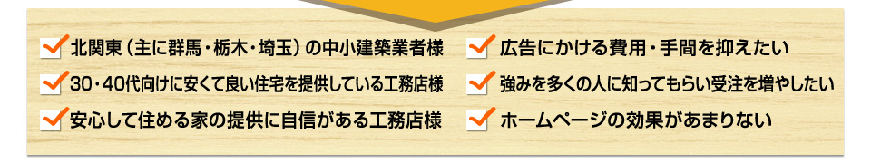 北関東（主に群馬・栃木・埼玉）の中小建築業者様。広告にかける費用・手間を抑えたい。30・40代向けに安くて良い住宅を提供している工務店様。強みを多くの人に知ってもらい受注を増やしたい。安心して住める家の提供に自信がある工務店様。ホームページの効果があまりない。